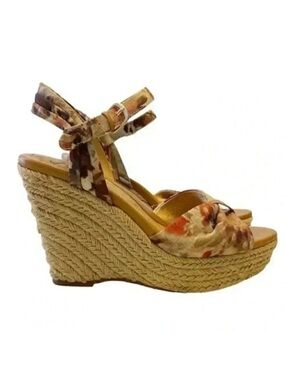Softt Peggie Platform Wedge Espadrilles Sandals Jute Tan Brown Floral Size 9.5